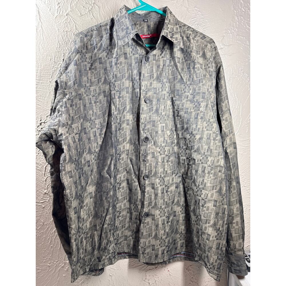 Signum Button‎ Up Long Sleeve Shirt Fun Print Geometric Buildings Houses Size M